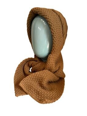 Vintage 70s 80s Brown Cable Knit Hooded Scarf Bonnet Wrap Boho Winter -